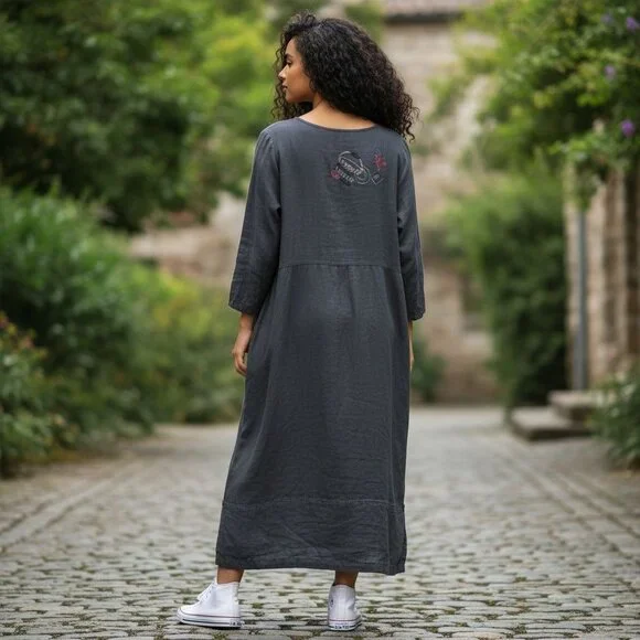 Vintage Lucky & Izzy M/L Linen Long Sleeve Dress Hand Painted Wearable Art Boho - Picture 2 of 13